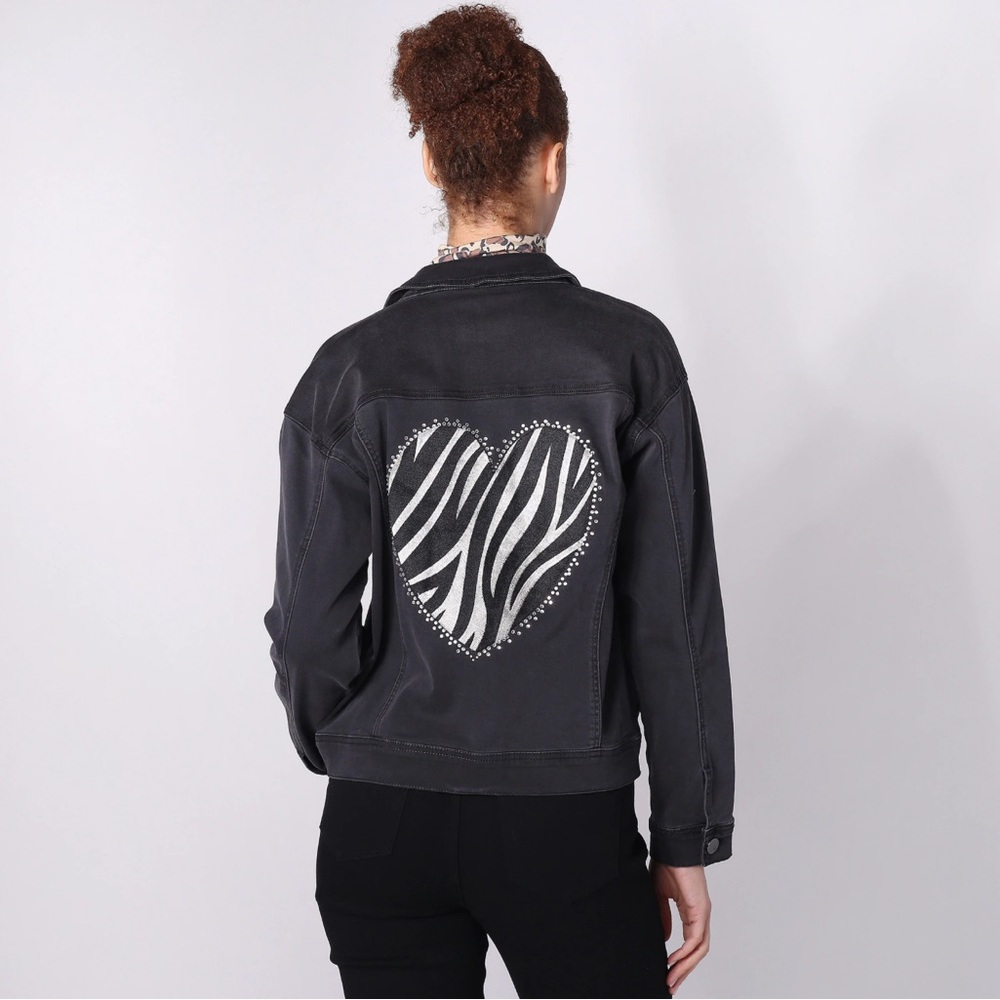 Diane Gilman Black Denim Jacket with Zebra Heart Patch and Sparkle 1X NWT
